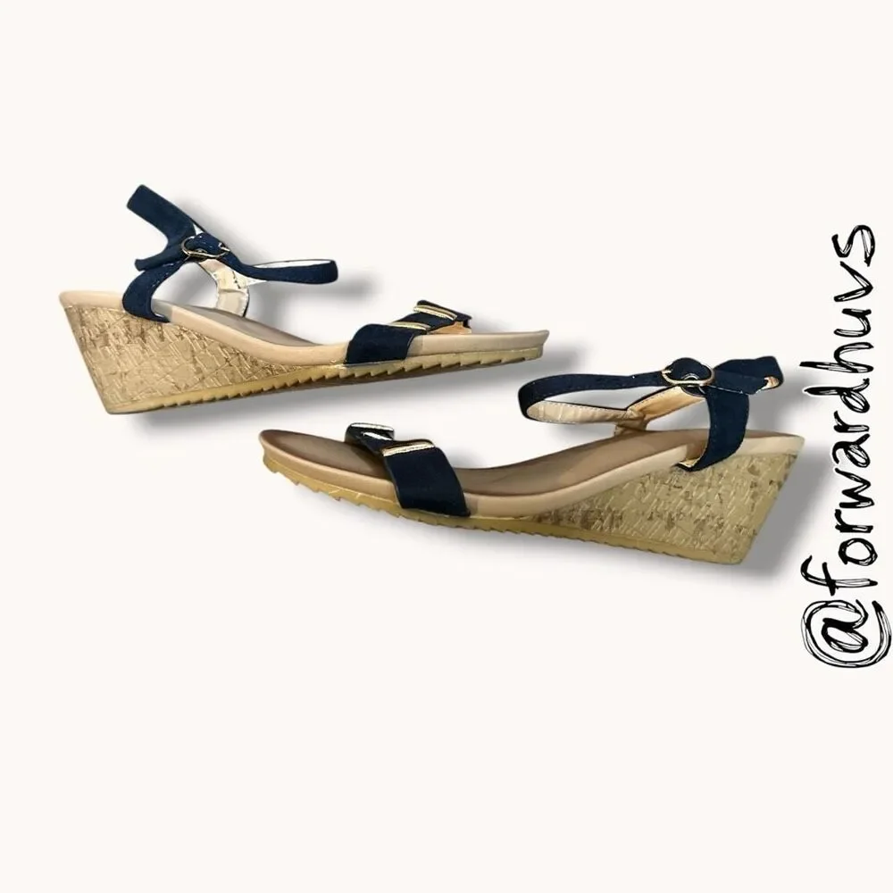 B. Comfort Navy Blue & Gold Ankle Strap Wedge Sandals Size 9